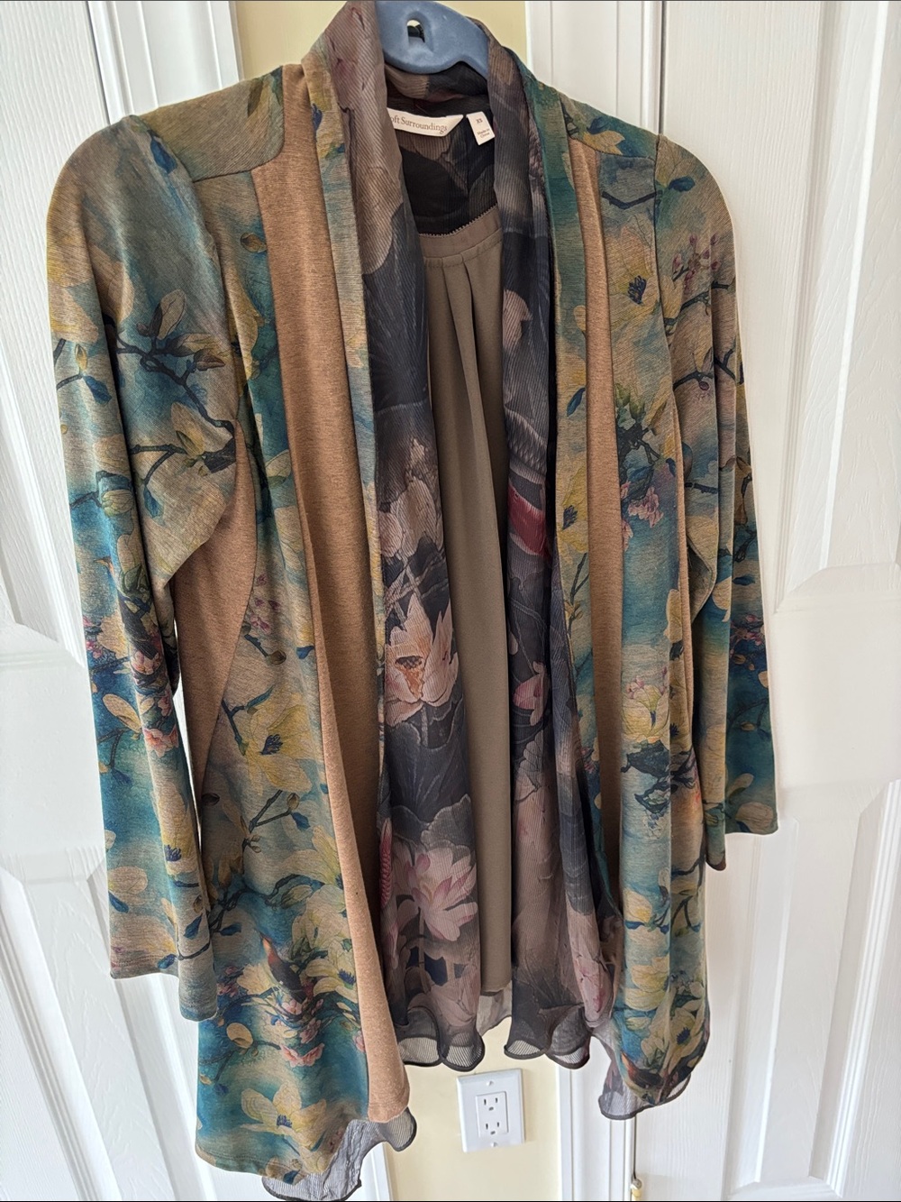 Soft Surroundings Teal, Tan and Olive Floral Draped Cardigan